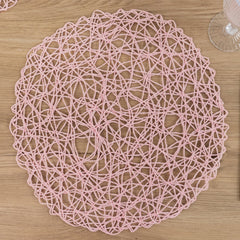 6-Pack Table Placemats Woven Fiber Design Blush Round - Disposable Mats for Dining and Events 15"