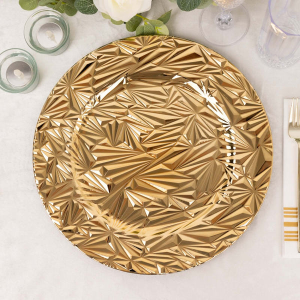 6-Pack Acrylic Round Charger Plates 13" in Metallic Gold with Rock Cut Design, Durable Plastic Dinner Charger Tableware