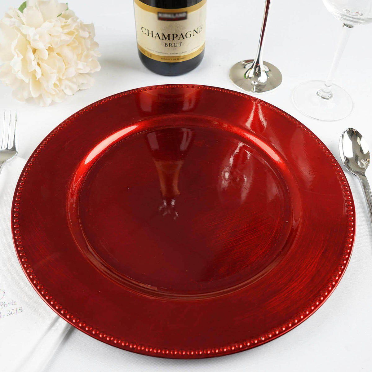 6-Pack Acrylic Round Charger Plates 13" in Red with Beaded Rim, Dinner Charger Event Tabletop Decor