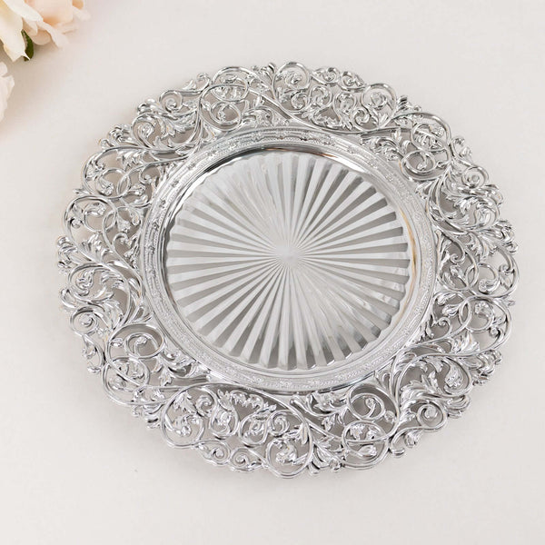 6-Pack Acrylic Round Charger Plates 13" in SIlver with Vintage Floral Carved Rim, Event Tabletop Decorative Charger Tableware