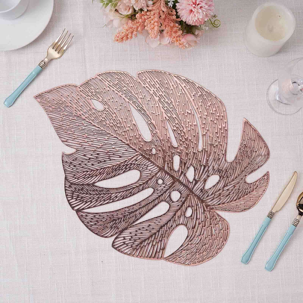 6-Pack Dining Table Mats Monstera Leaf Design Rose Gold - Vinyl Non-Slip Surface for Tropical Themes 18"