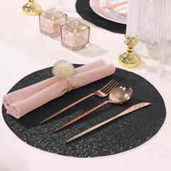 6-Pack Placemats Glitter Design Black Sparkle Round - Non-Slip Decorative Dining Table Mats 13"