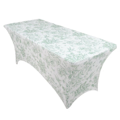 6ft Spandex Fitted Rectangle Tablecloth – White & Dusty Sage Green French Toile Wrinkle-Free Stretch Table Cover